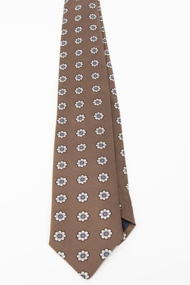 Light Brown, White & Light Blue Floral Jacquard Silk hand made Tie