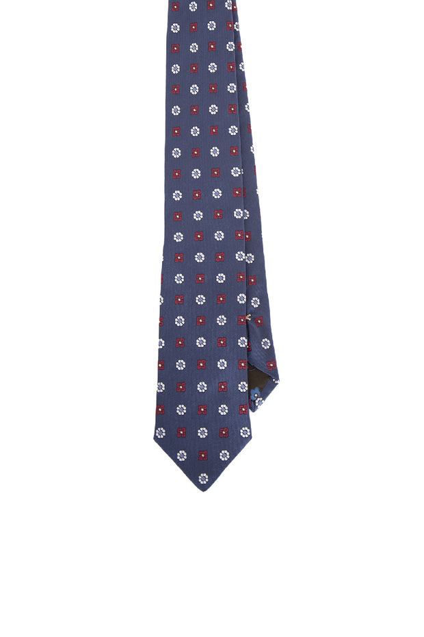 BLUE, WHITE & RED FLORAL JACQUARD SILK hand made TIE
