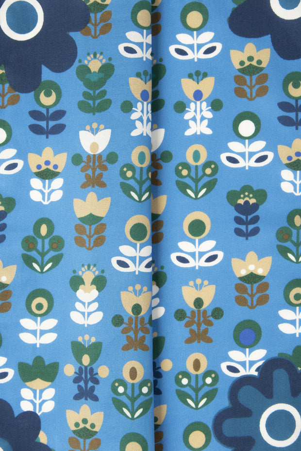 Fazzoletto azzurro in seta-cotone con stampa di tulipani 