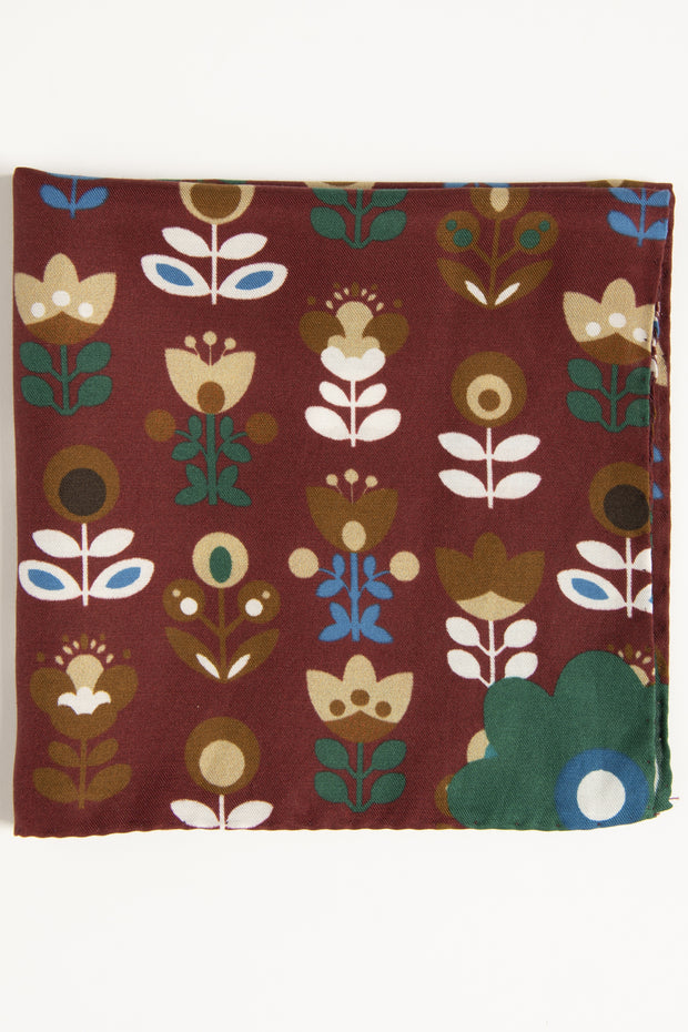 Fazzoletto bordeaux in seta-cotone con stampa di tulipani 