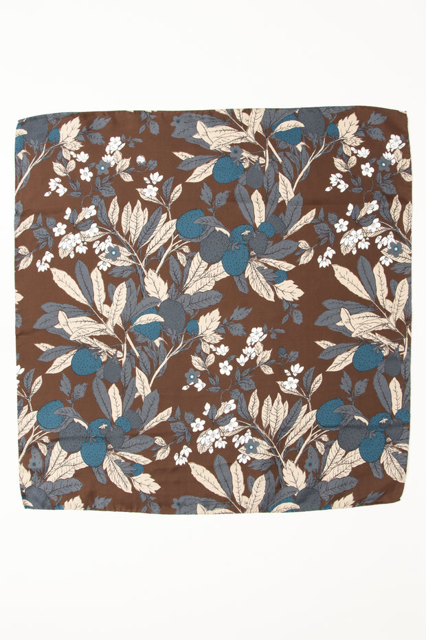 Bandana foulard marrone in pura seta e cotone con foglie e agrumi 