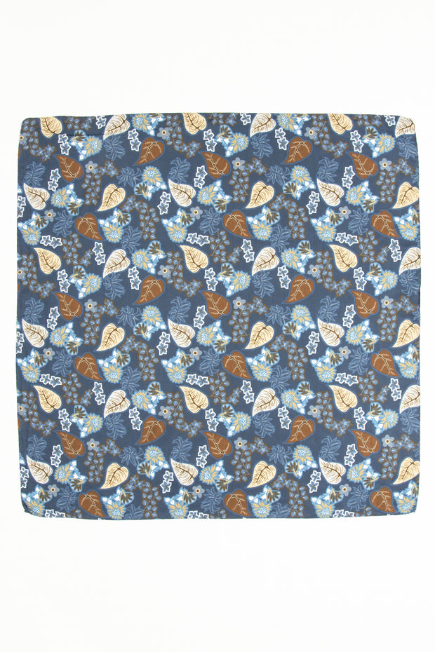 Bandana foulard blu in pura seta e cotone con foglie stampate 