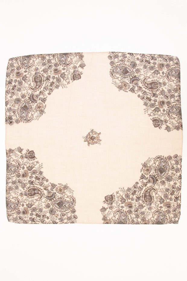 Bandana foulard in lana color crema con fiori e paisley