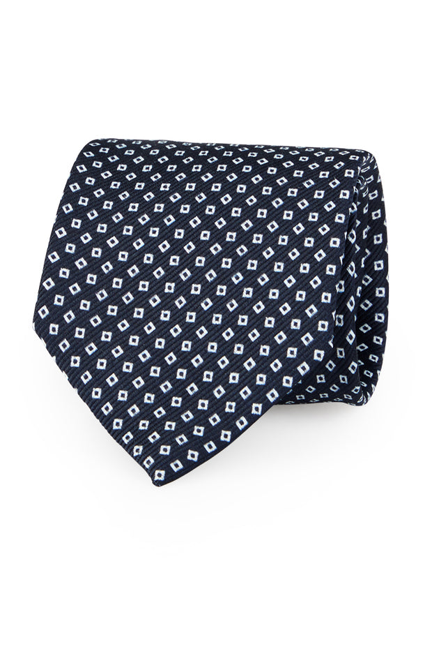 Cravatta stampata blu con micro pattern classico bianco - Fumagalli 1891