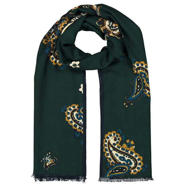 Dark green pure wool paisley scarf