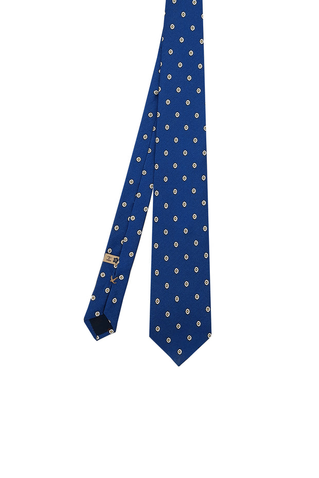 Deep blue printed tie with classic pattern handmade in pure silk