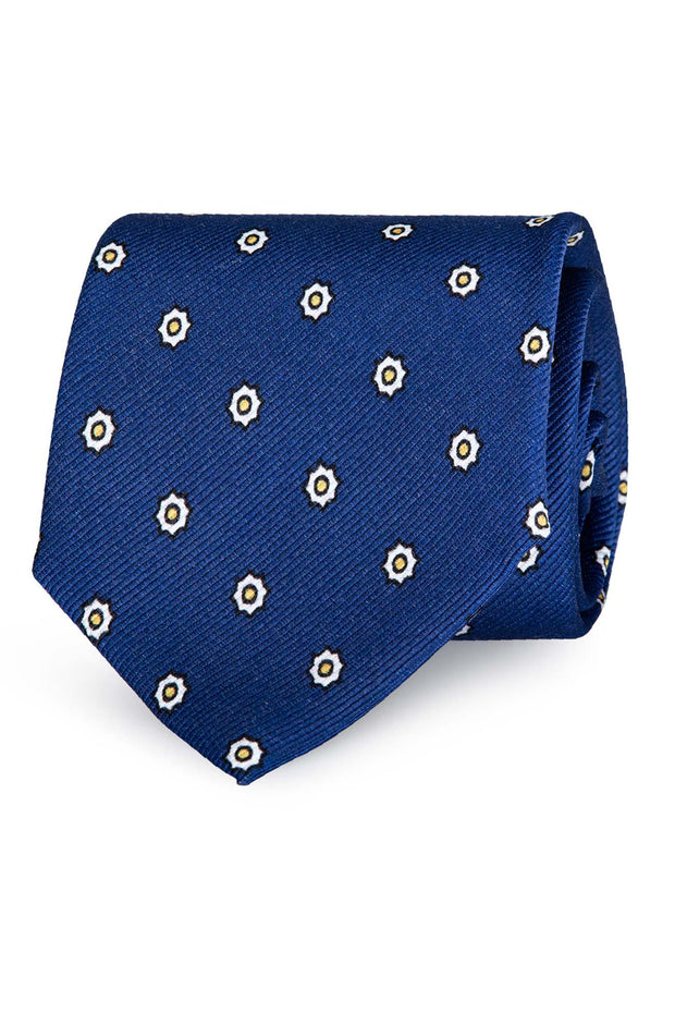 Cravatta stampata blu intenso con fantasia classica cucita a mano in pura seta - Fumagalli 1891