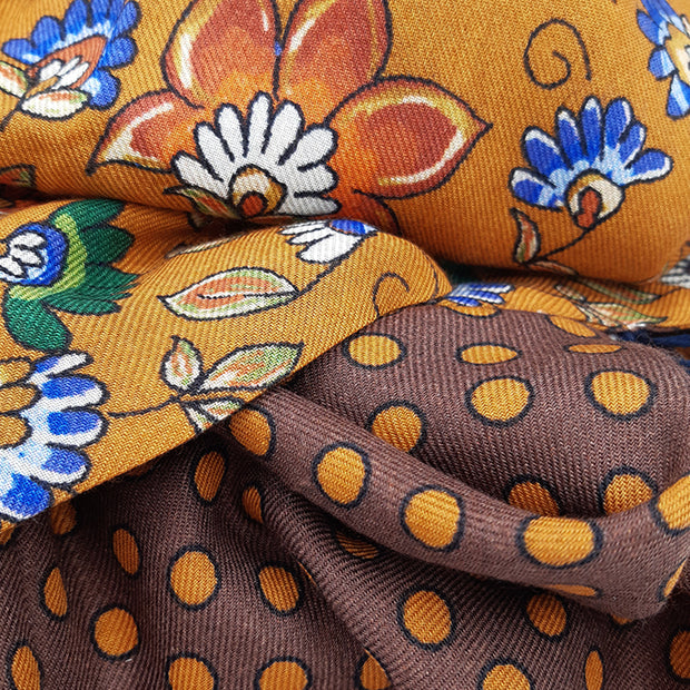 Orange and brown double floral cashmere-silk scarf