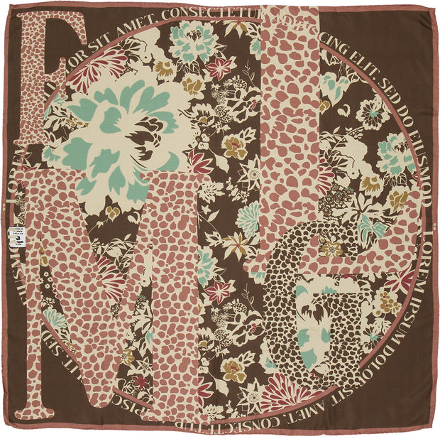 Brown graphic floral design silk scarf 90