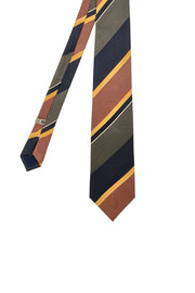 Regimental printed silk tie with green, blue, orange and yellow stripes