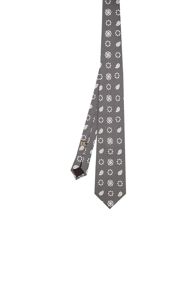 Cravatta stampata grigia in pura seta con motivo classico bianco - Fumagalli 1891
