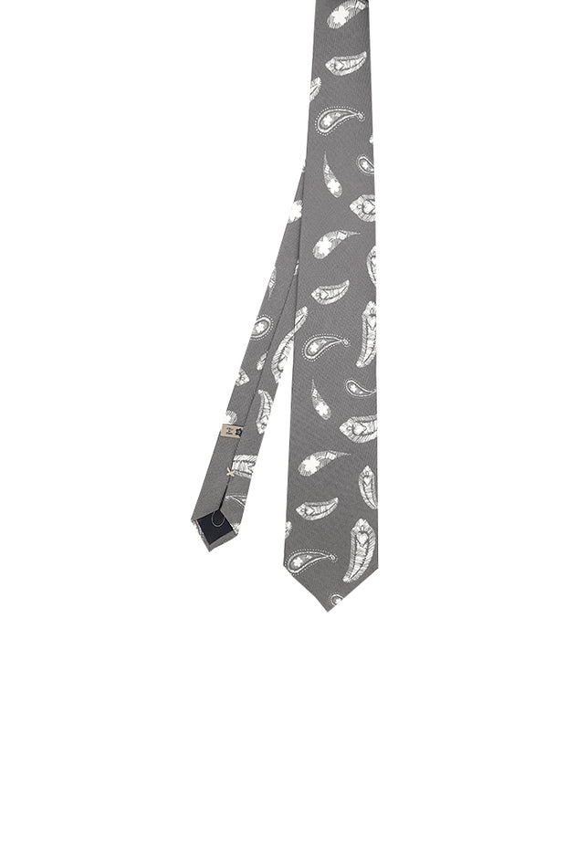 Grey tie with white hand drawn paisley silk printed