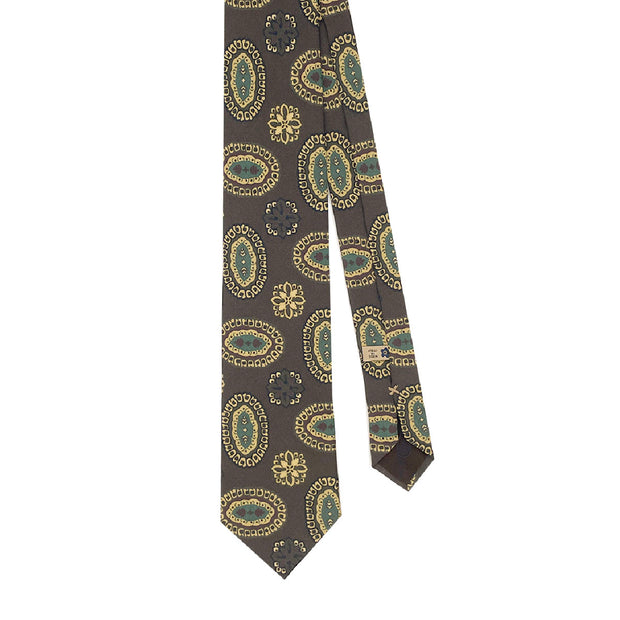 TOKYO - Brown medallion vintage design printed silk hand made tie