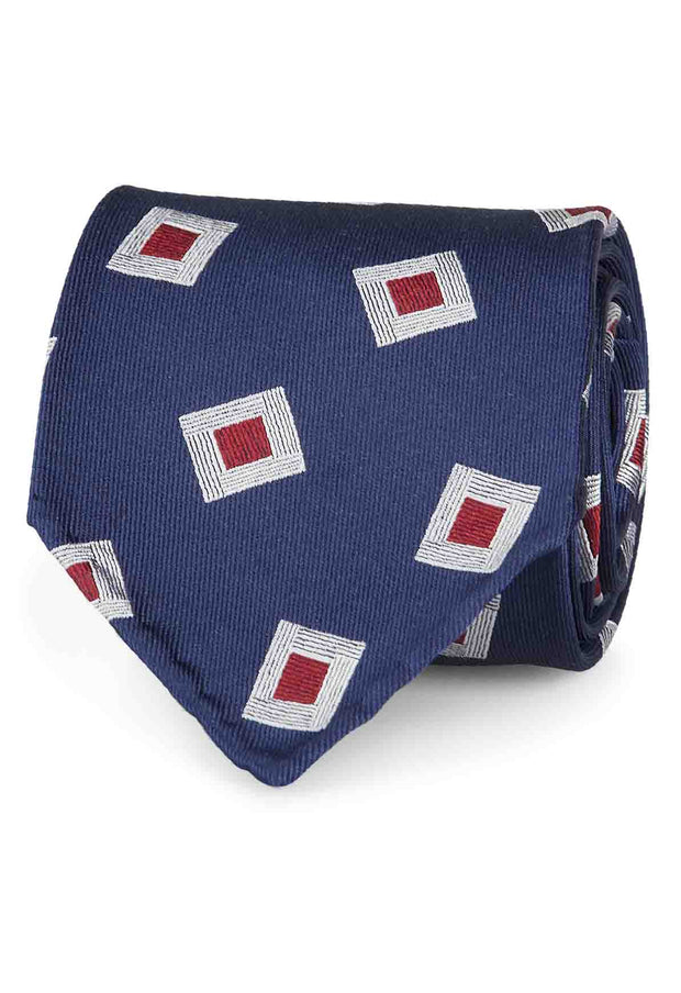 BLUE & WHITE E RED CLASSIC PATTERN VINTAGE SILK UNLINED hand made TIE