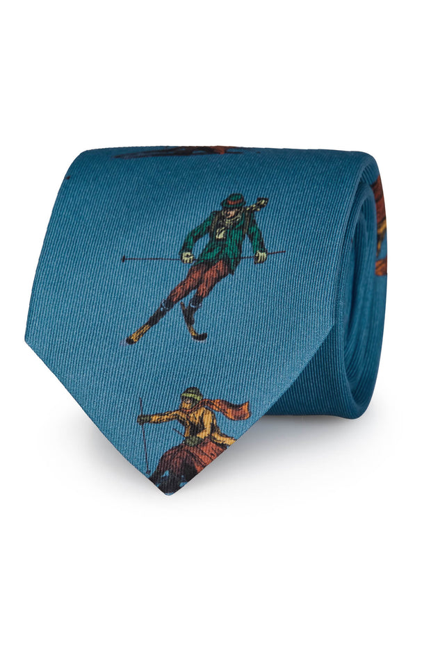 Light blue silk tie with retro skiers printed
