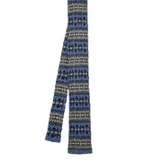 Gray and light blue knitted tie with vintage motifs embroidery