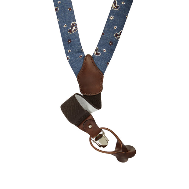 Luxury blue paisley silk and leather braces