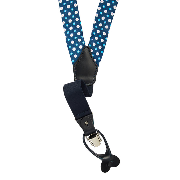 Luxury blue floral silk and leather braces
