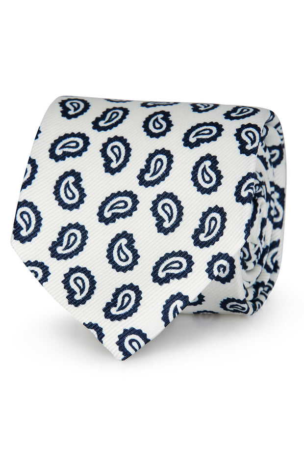 Cravatta in seta stampata blue e bianca  con motivo paisley - Fumagalli 1891