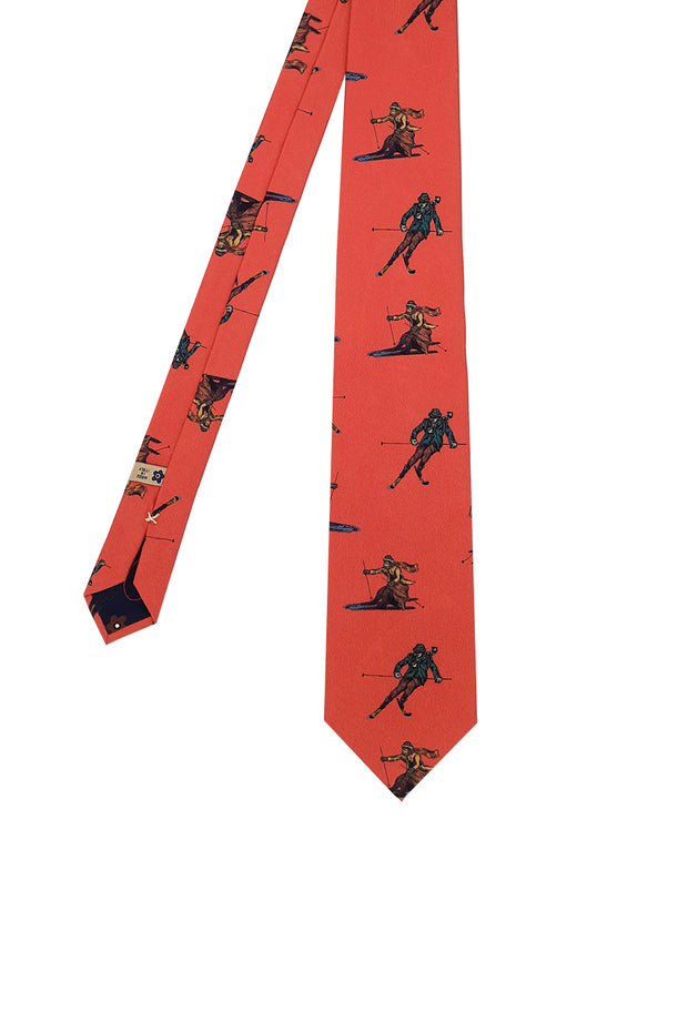 Cravatta stampata in seta rossa con sciatori retrò - Fumagalli 1891