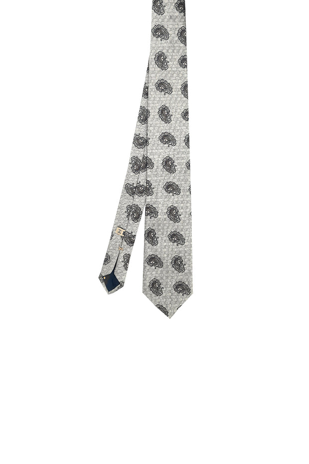 Silver jacquard tie in pure silk with checks and paisley
