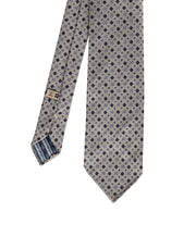 Grey, dark blue, light blue & white diamonds & flowers silk unlined hand made unlined tie