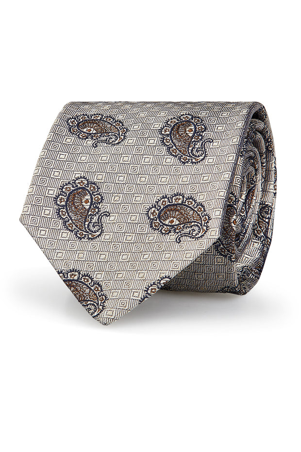 Silver jacquard tie in pure silk with checks and paisley