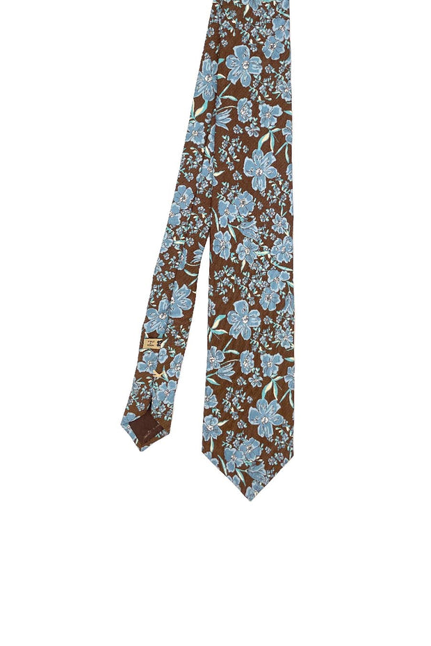 TOKYO - Cravatta in seta stampata con fiori azzurri su sfondo marrone