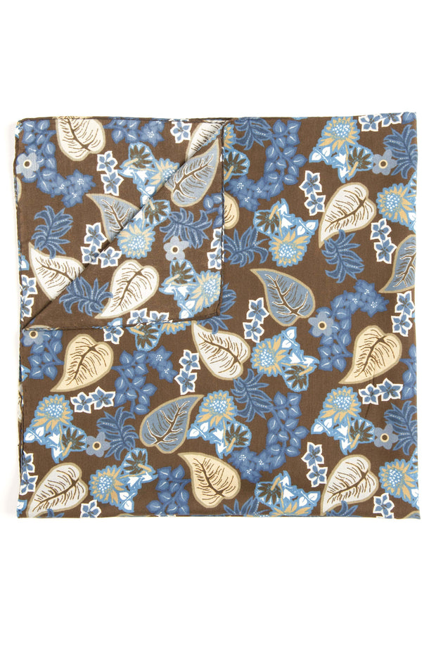Bandana foulard marrone in pura seta e cotone con foglie stampate 