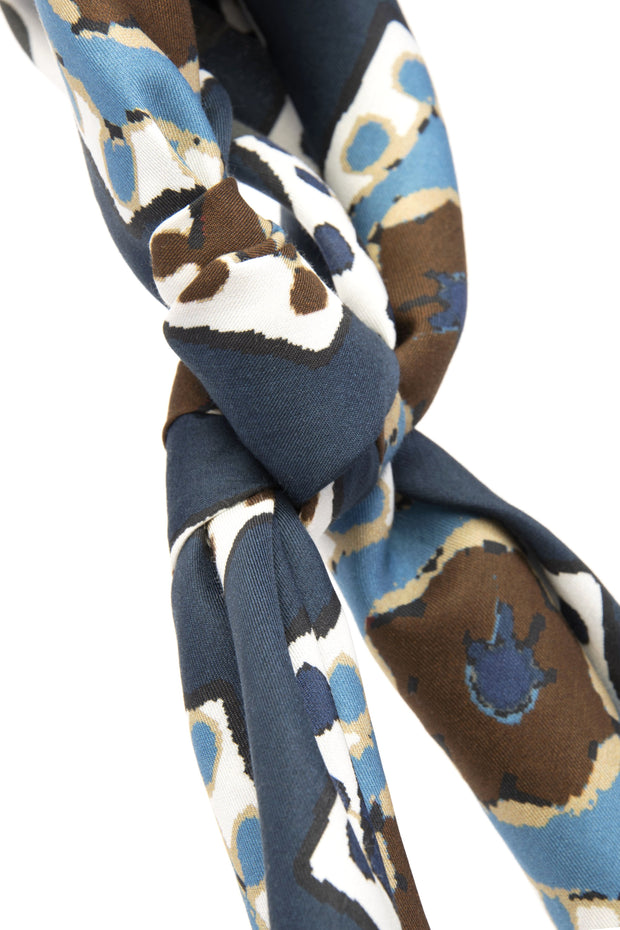 Bandana foulard azzurro in seta e cotone con stampa di medaglioni 