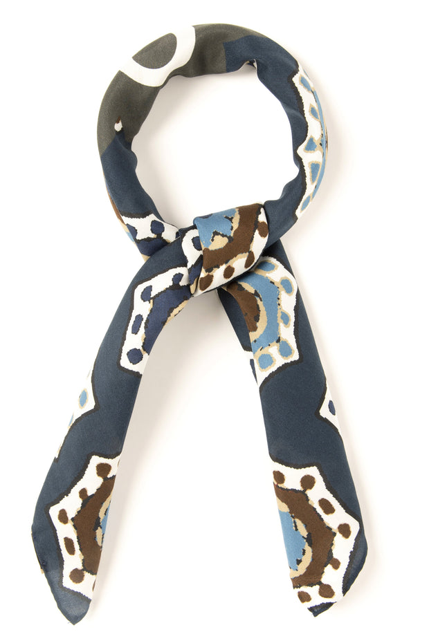 Bandana foulard azzurro in seta e cotone con stampa di medaglioni 