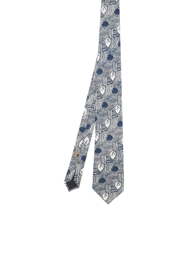 Cravatta bianca con stampa floreale blu vintage in pura seta - Fumagalli 1891