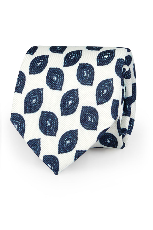 White and blue vintage printed pattern tie in pure silk