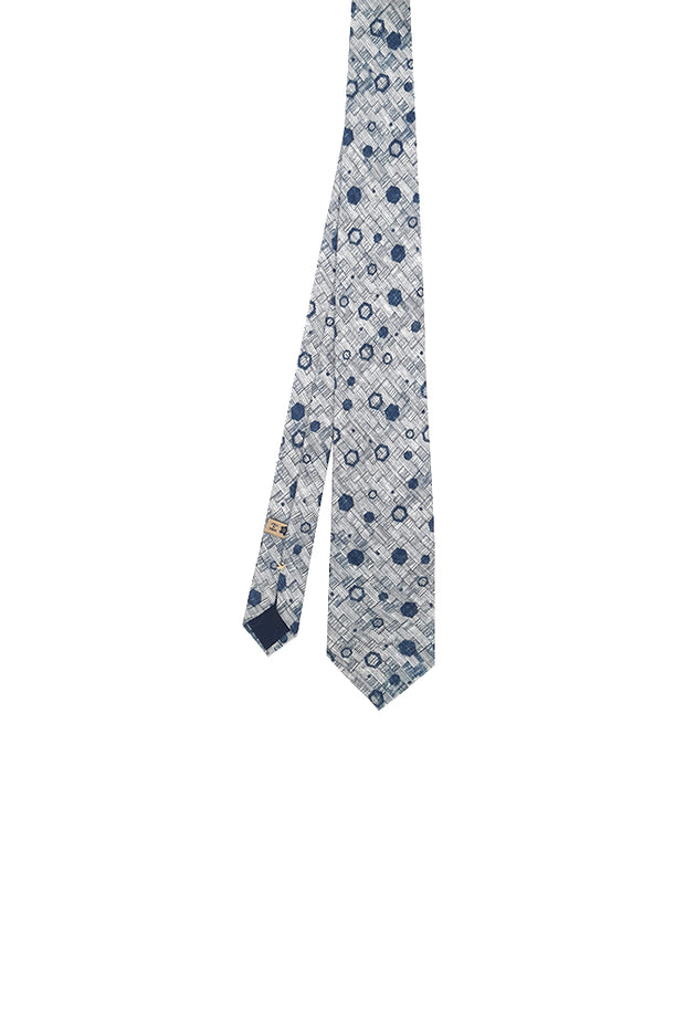 White tie in pure silk with blue geometric texture printed