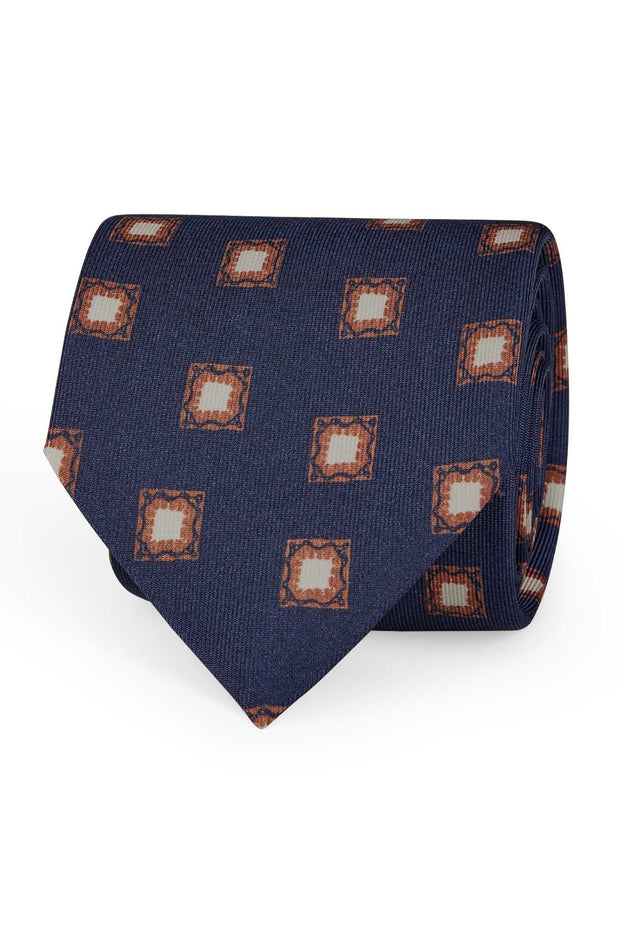 TOKYO - Cravatta blu in seta stampata con disegno a quadri arancioni