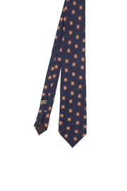 TOKYO - Cravatta blu in seta stampata con disegno a quadri arancioni