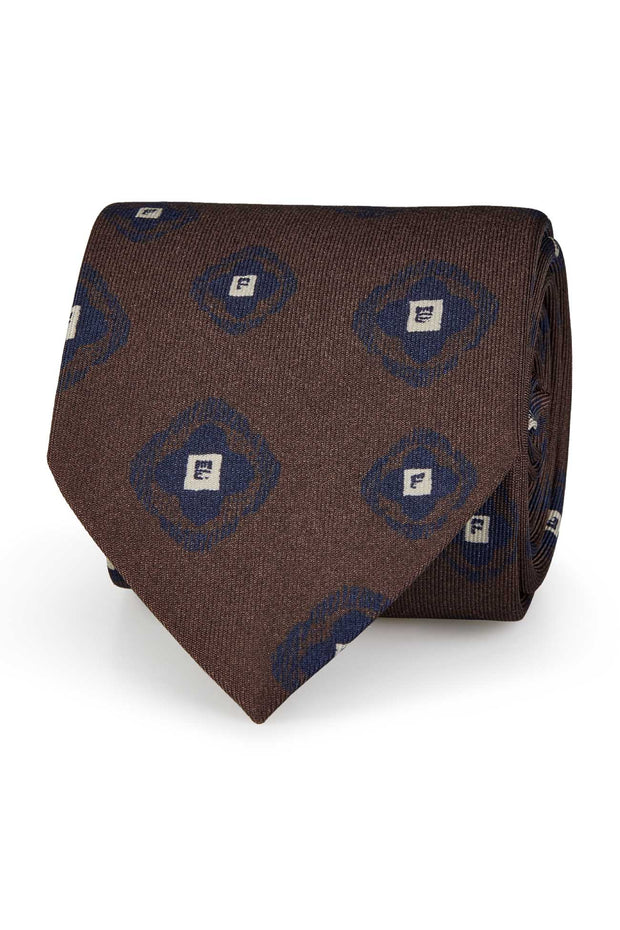 TOKYO - Cravatta stampata in seta marrone con medallion blu
