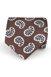 TOKYO - Cravatta stampata in seta marrone con paisley blu 