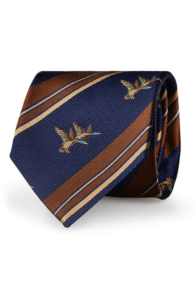 Blue jacquard tie with flying birds embroidery and brown regimental motif