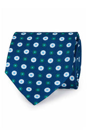 Cravatta in seta stampata realizzata a mano con motivo floreale vintage blu, bianco e verde - Fumagalli 1891
