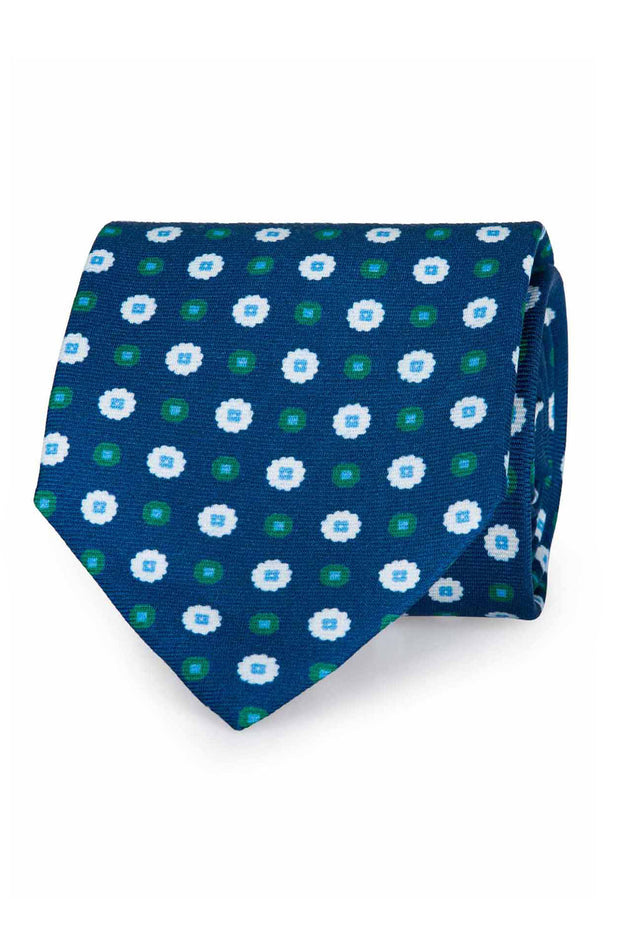Blue, white & green vintage floral pattern printed silk hand made tie