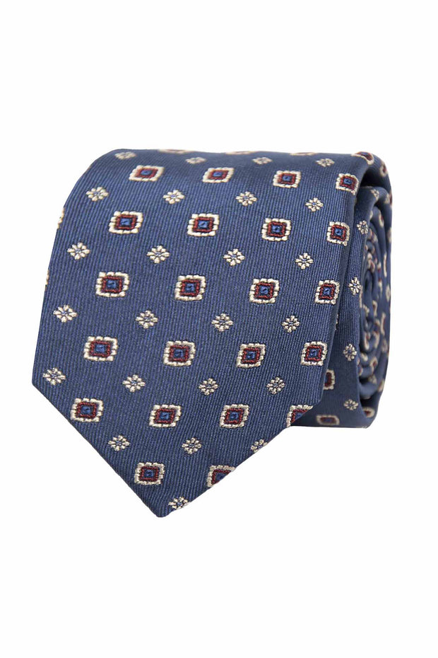 Cravatta melange azzurra, bianca e rossa con pattern vintage  - Fumagalli 1891