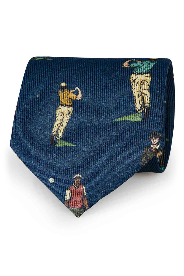 Blue golf design printed silk hand made tie