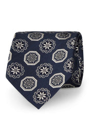Cravatta in pura seta blu con diamanti e fiori - Fumagalli 1891