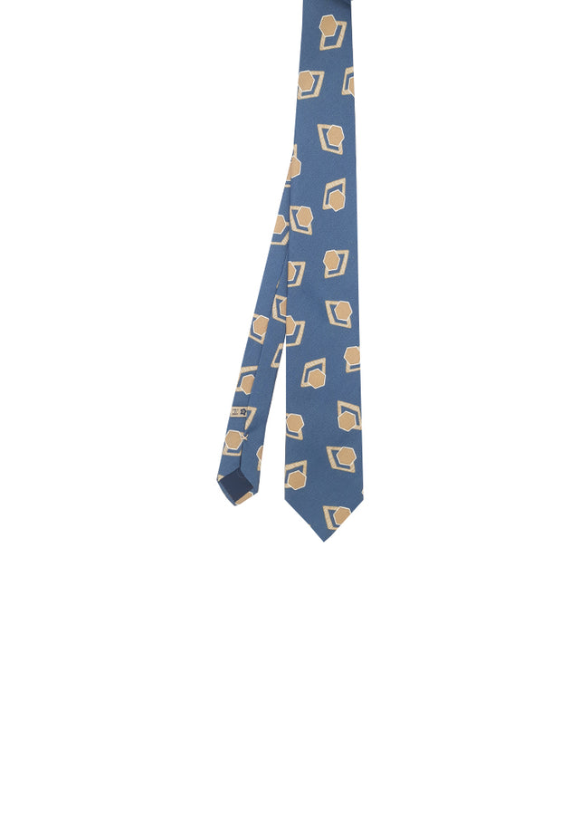 Blue tie in pure silk with vintage beige pattern printed
