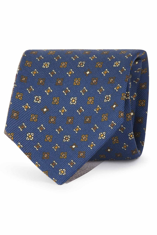 Cravatta stampata blu in seta con fantasia vintage - Fumagalli 1891