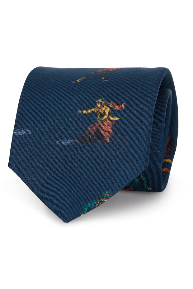 Blue silk tie with retro skiers print