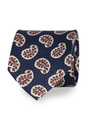 Dark Blue macro beige and red paisley printed silk tie