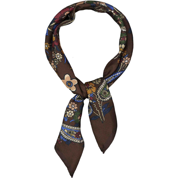 Bandana foulard marrone in seta-cotone con stampa di fiori e paisley