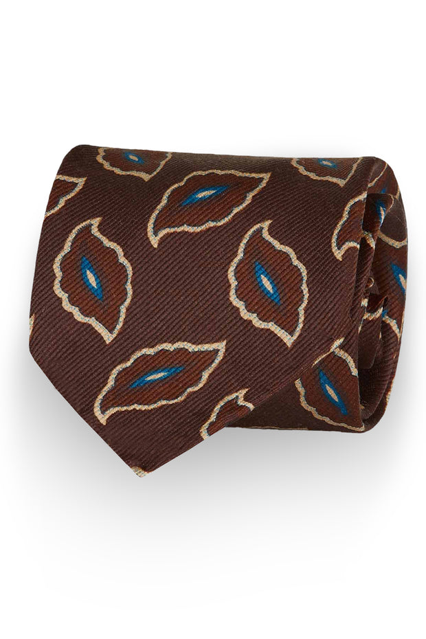 Brown printed vintage design silk hand made tie